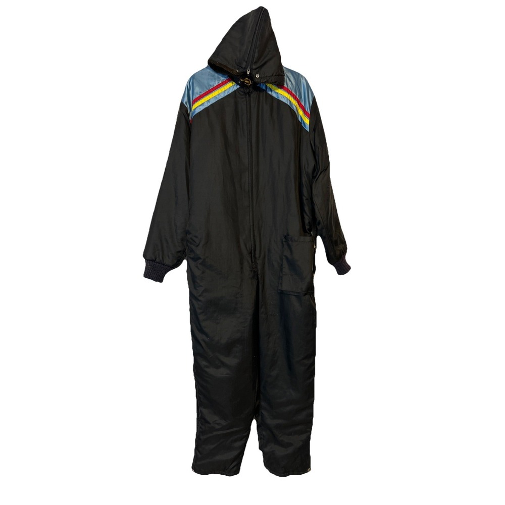 UPC SNOWMOBILE Snow Suit 1970s USA Made VINTAGE Black Coverall Quilted Belt READ